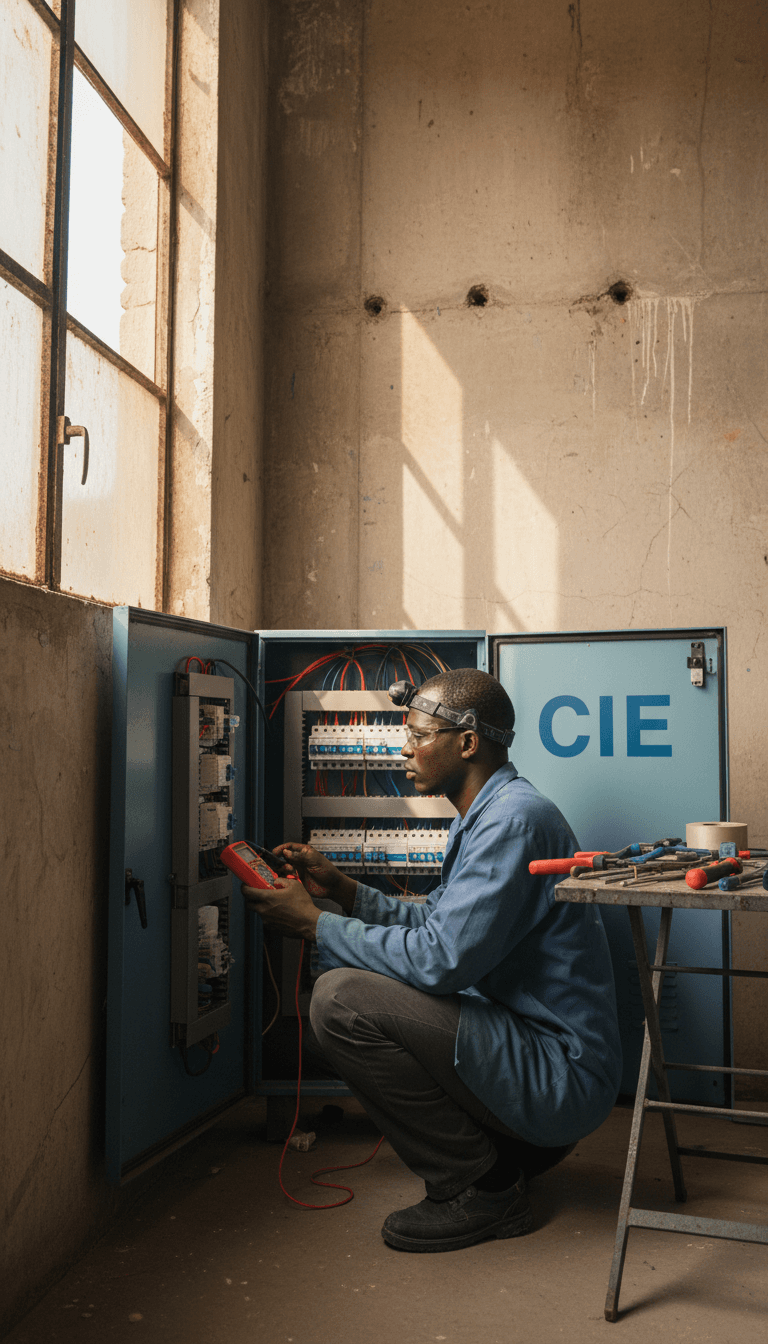 Électricien contrôlant un tableau électrique à Abidjan