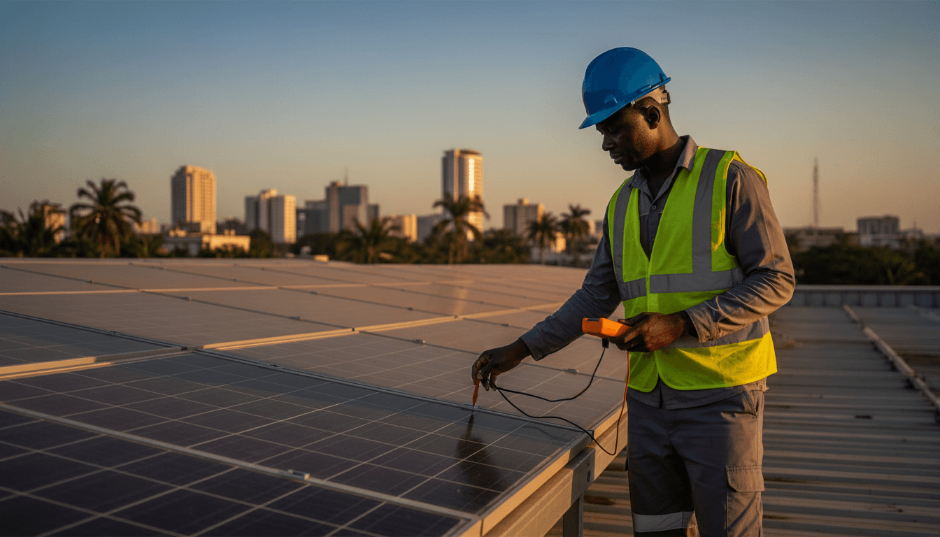 Technicien inspectant des panneaux solaires sur un toit à Abidjan