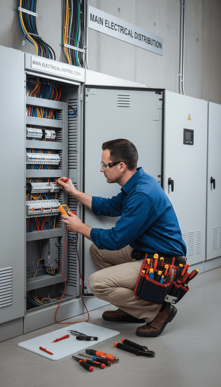 Technicien inspectant un tableau électrique avec des outils professionnels