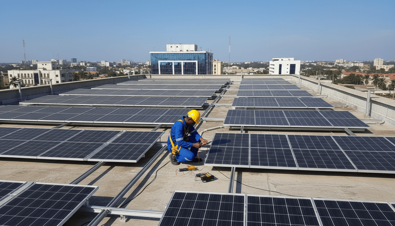 Panneaux solaires sur un toit à Abidjan, inspectés par un électricien