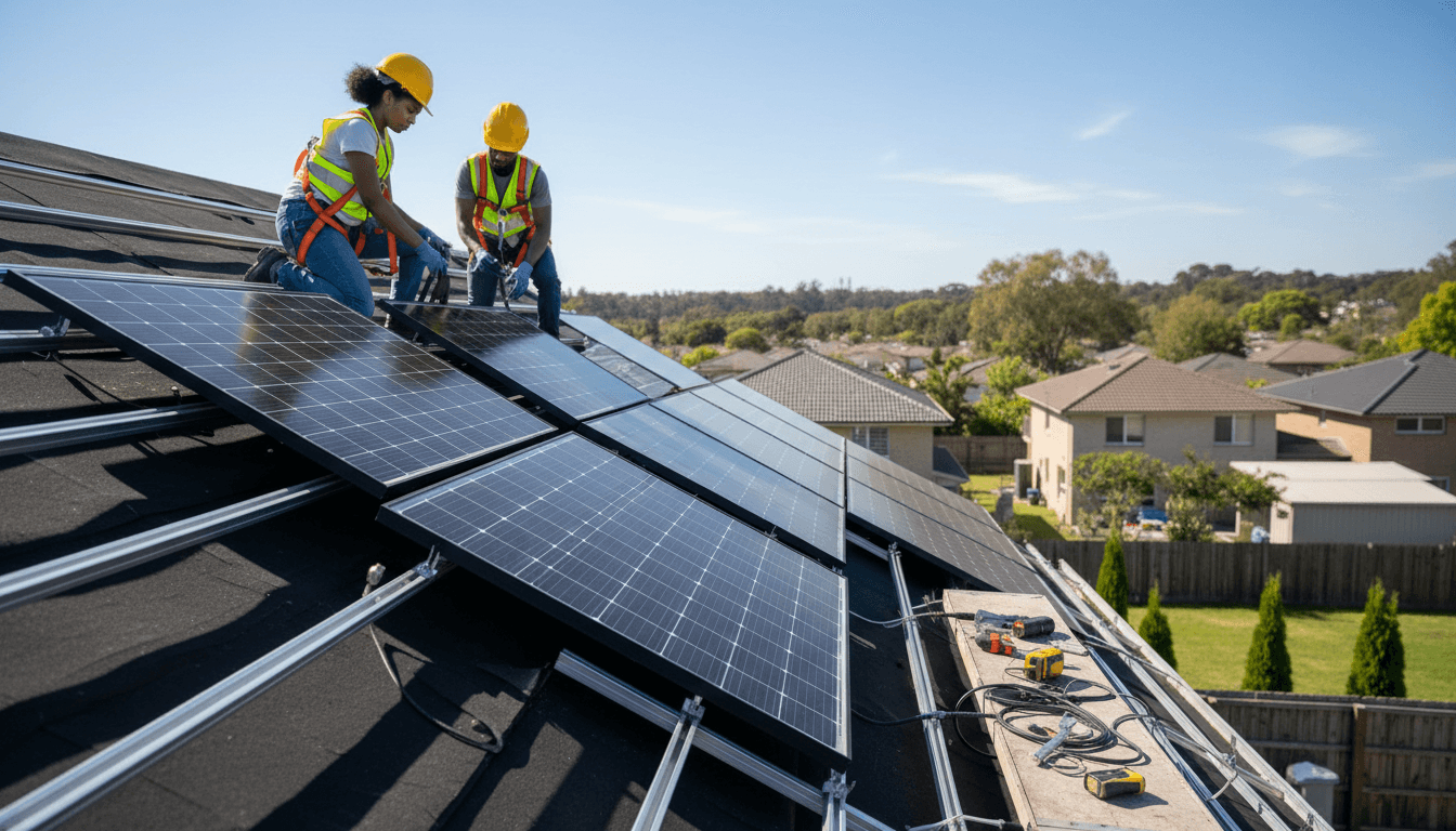 Équipe installant des panneaux solaires sur un toit résidentiel
