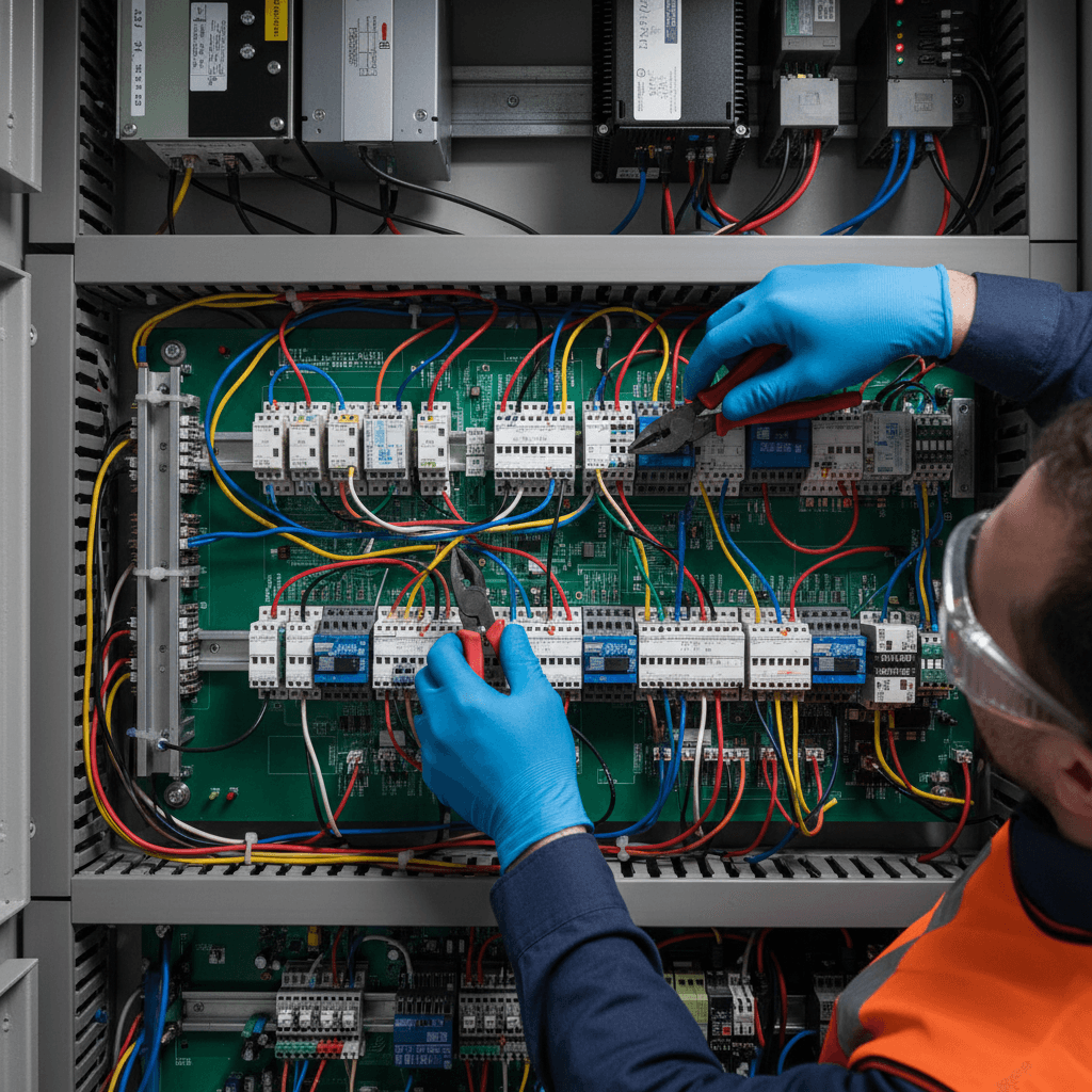Électricien sécurisant des câbles dans un tableau électrique